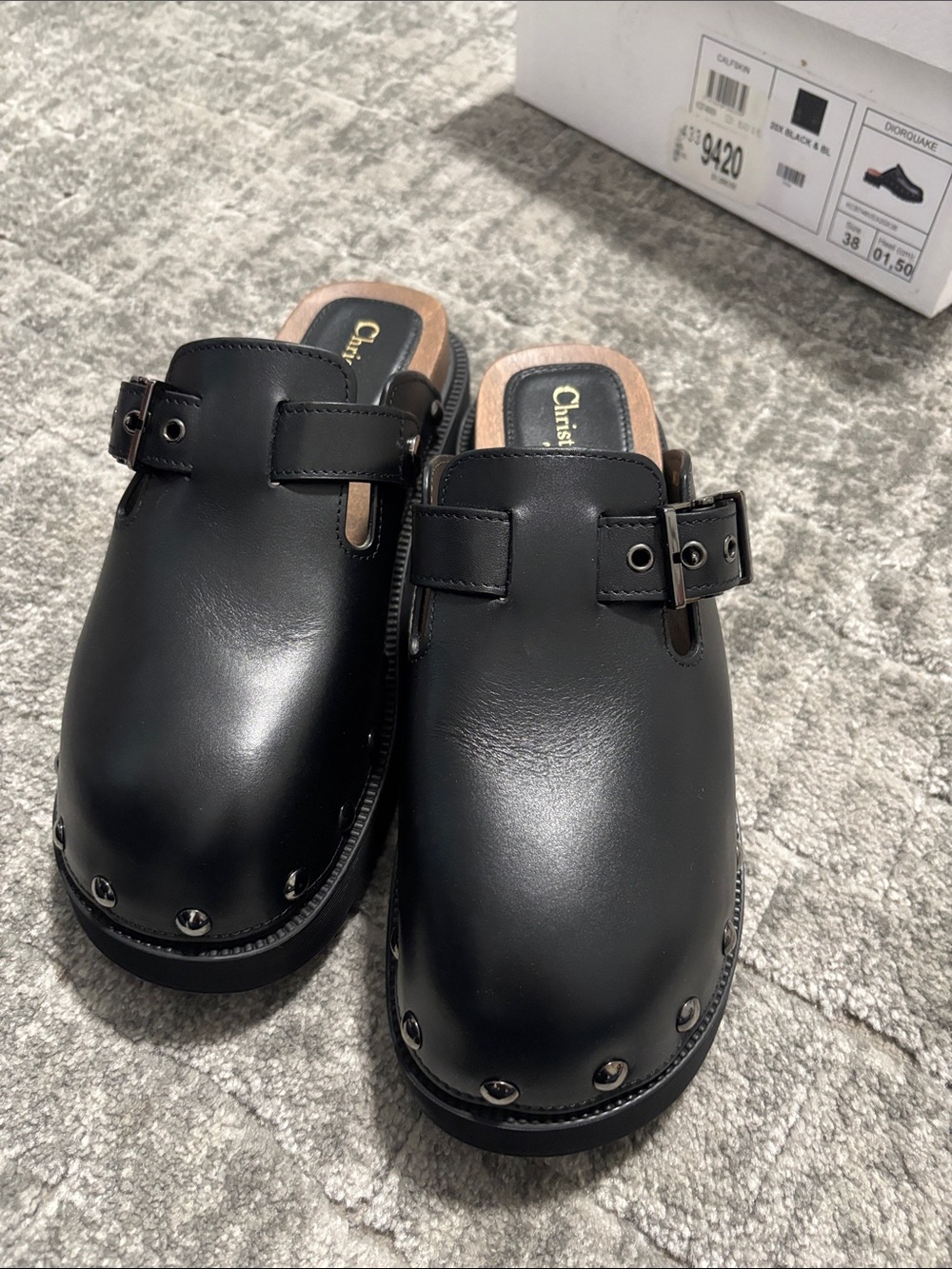 Dior Black Leather Mule Clogs with Silver Buckle